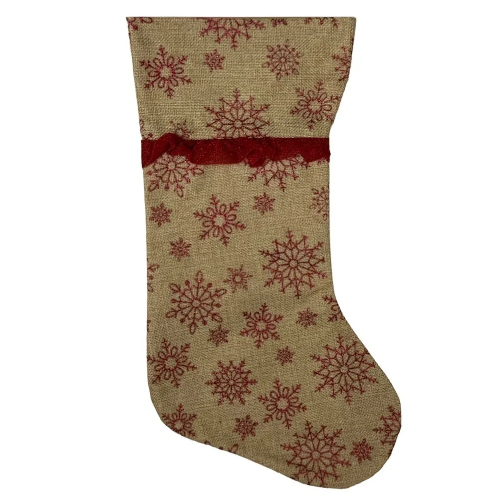 Christmas Stockings Burlap Snowflakes Ruffle Subtle Glitter Set of 2 Brown Red